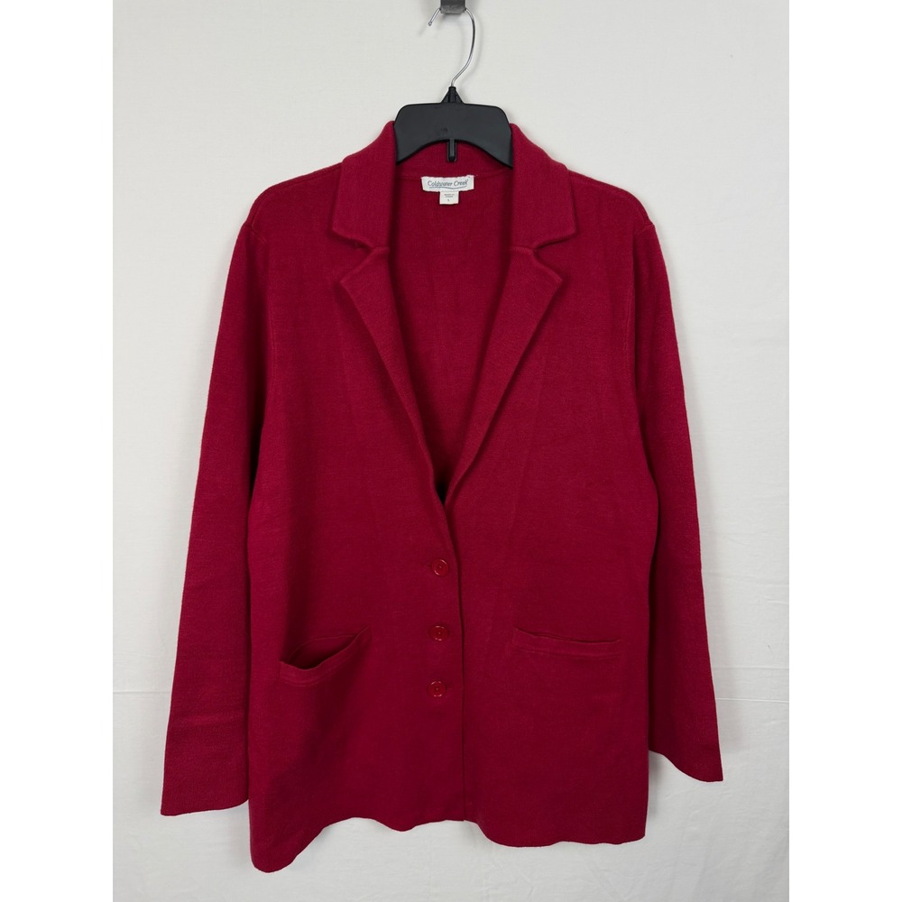 Coldwater Creek Women Viscose Blend Cardigan L Red Knit Blazer Pockets
